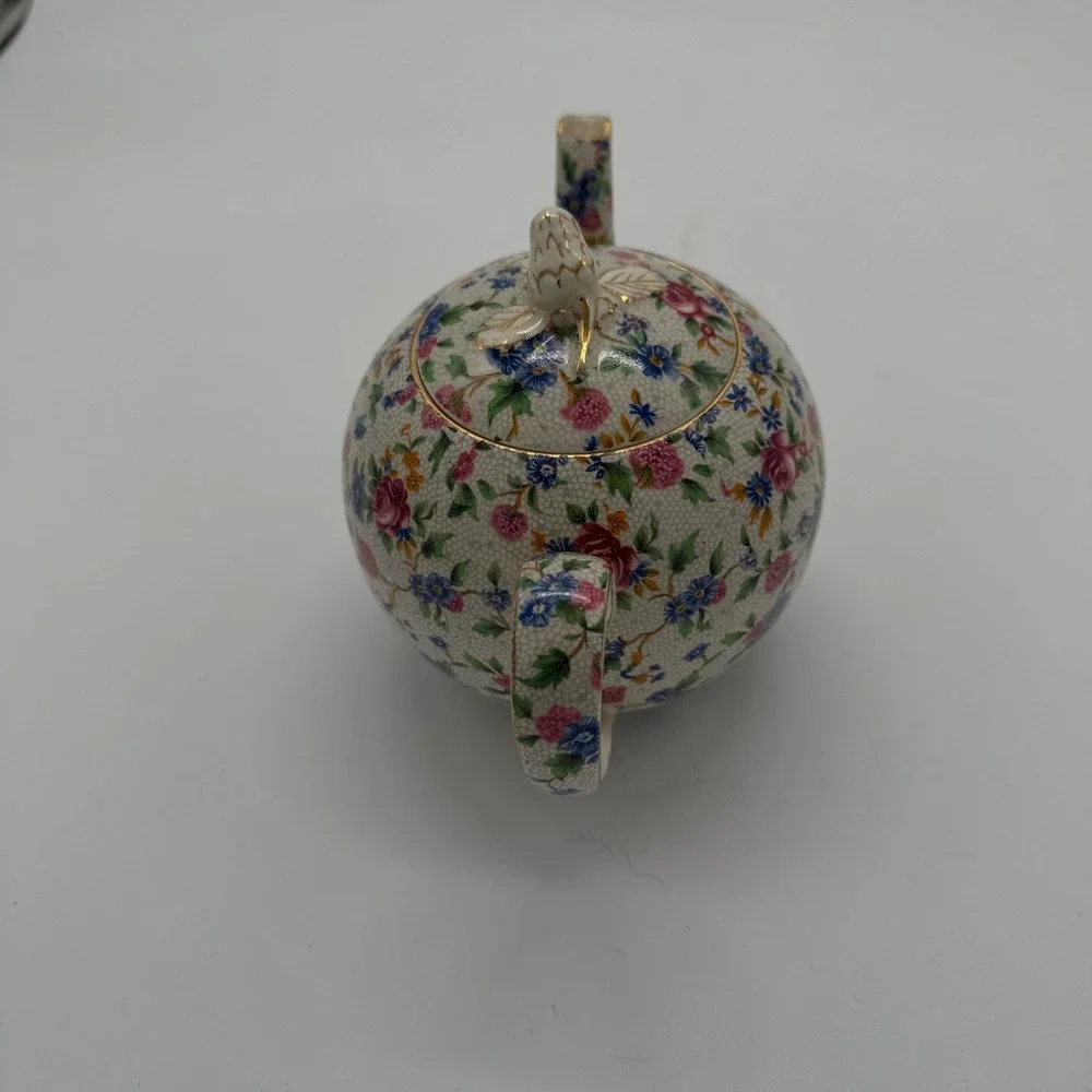 Royal Winton Grimwades Old Cottage Chintz Teapot Bird Finial Gold Trim Floral